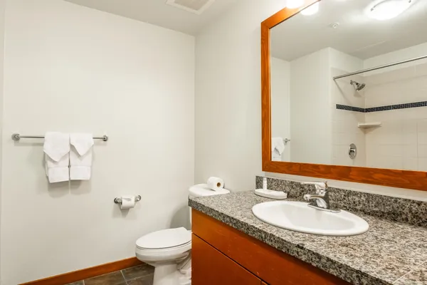 a bathroom with a granite countertop sink a toilet and a mirror