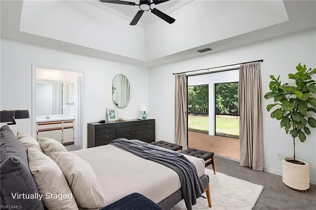 a bedroom with a bed and a potted plant with a large window