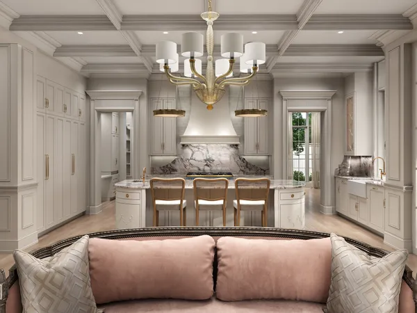 a living room with stainless steel appliances granite countertop furniture and chandelier