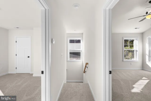a view of a hallway with windows and closet
