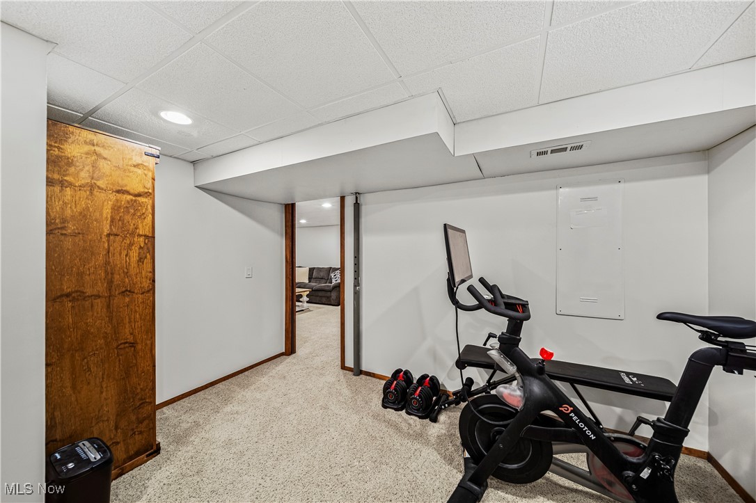 2959 Reeves Road Willoughby, OH 44094 - Photo 21 of 32 Workout room featuring a drop ceiling and carpet flooring