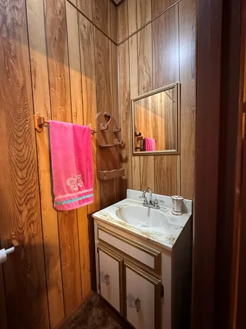 a bathroom with a sink vanity and a mirror