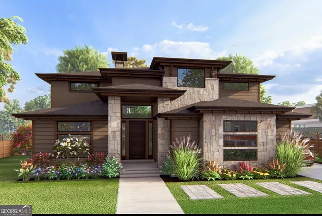 a front view of a house with garden