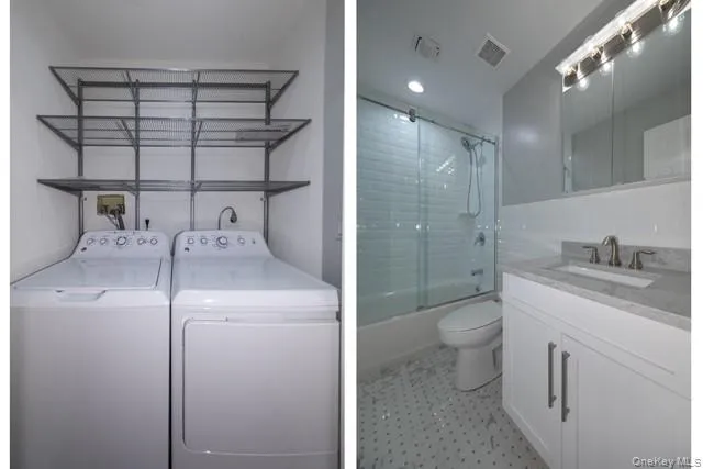 a bathroom with a granite countertop sink a toilet and shower