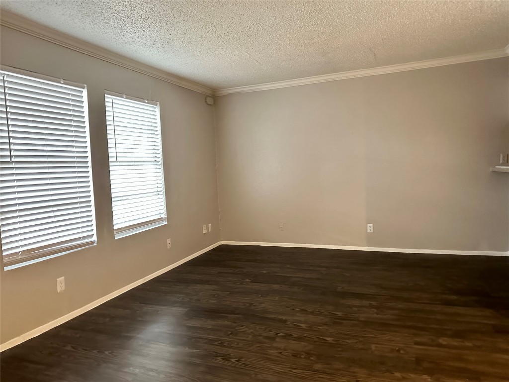 Spare room with crown molding, a textured ceiling, and dark wood-style flooring