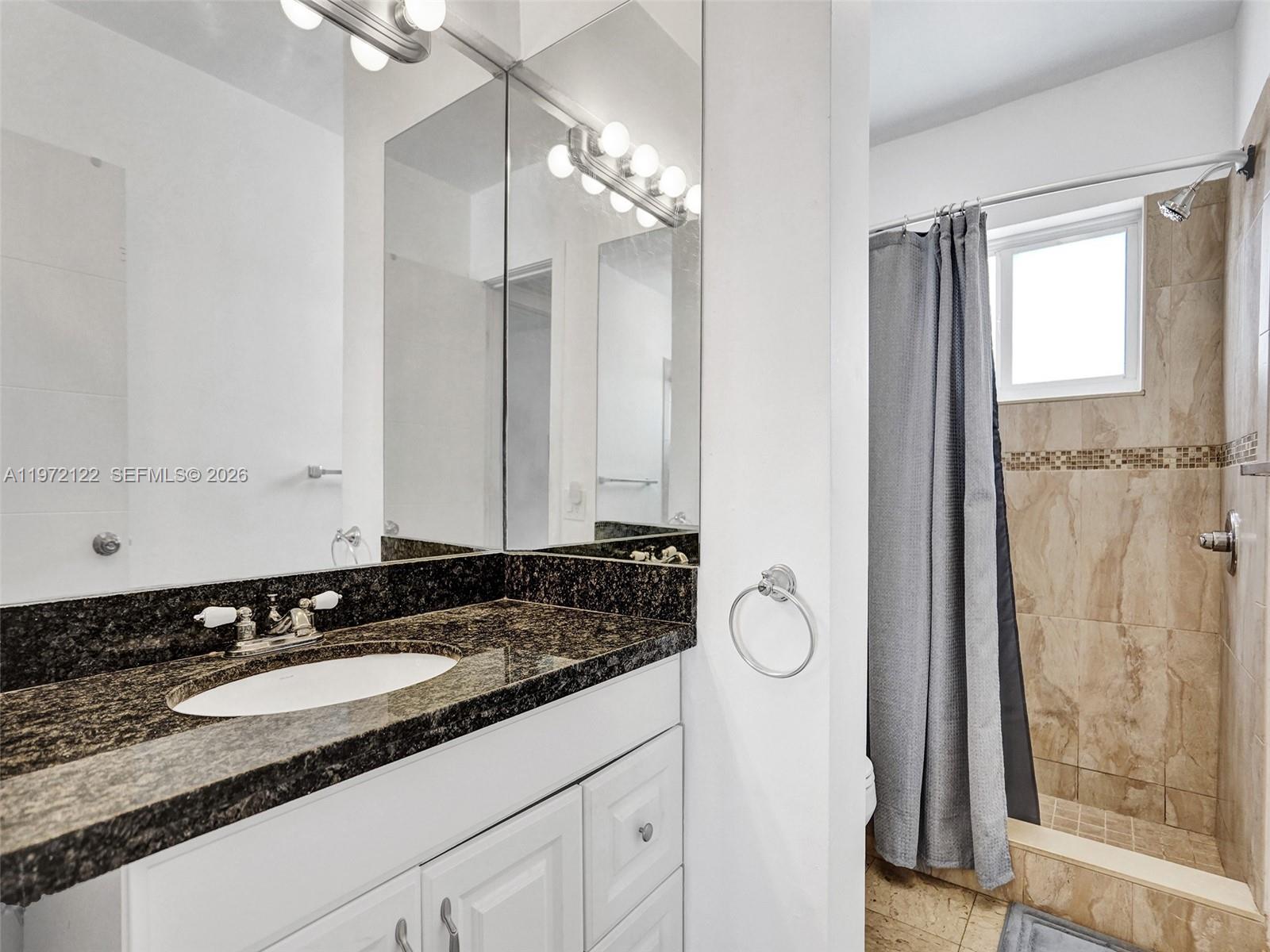 1815 North Surf Road, Unit 202 Hollywood, FL 33019 - Photo 9 of 32 a bathroom with a granite countertop sink and a mirror