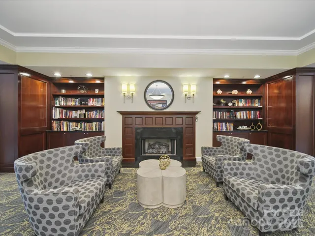 a living room with furniture a fireplace and a bookshelf