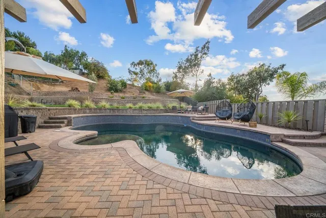 a view of a swimming pool with a patio