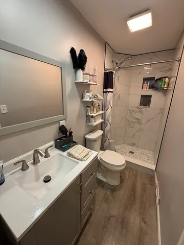 a bathroom with a sink toilet a mirror and shower