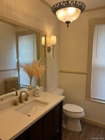 a bathroom with a sink vanity mirror and toilet