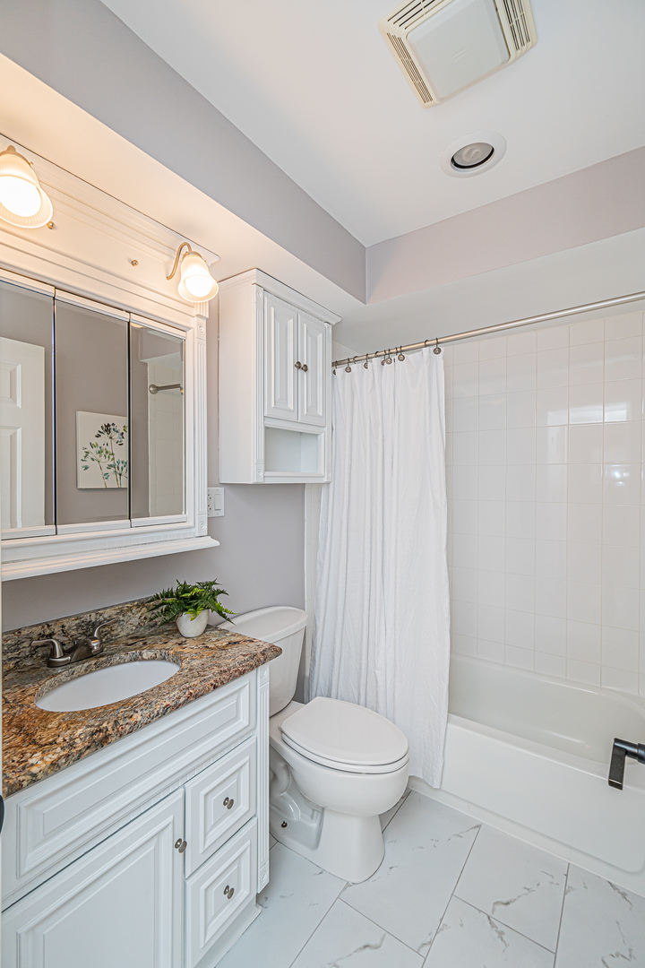 1480 Busse Road, Unit 1D Mount Prospect, IL 60056 - Photo 9 of 34 a bathroom with a granite countertop sink a toilet and shower