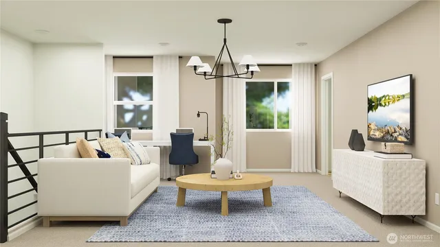 a living room with furniture and a table