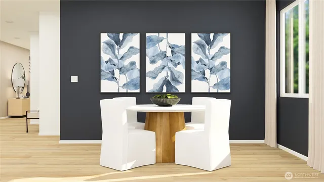 a view of a living room with a floor to ceiling window and wooden floor