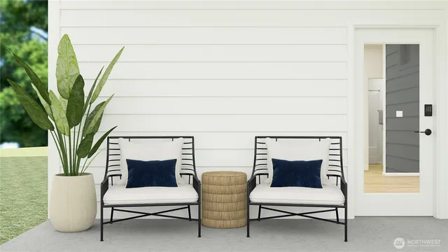 a building outdoor space with seating space