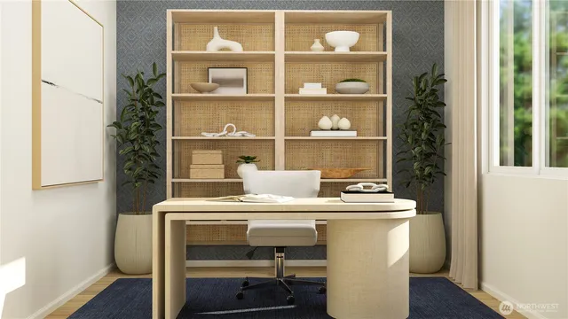 a room with a table chairs and entryway