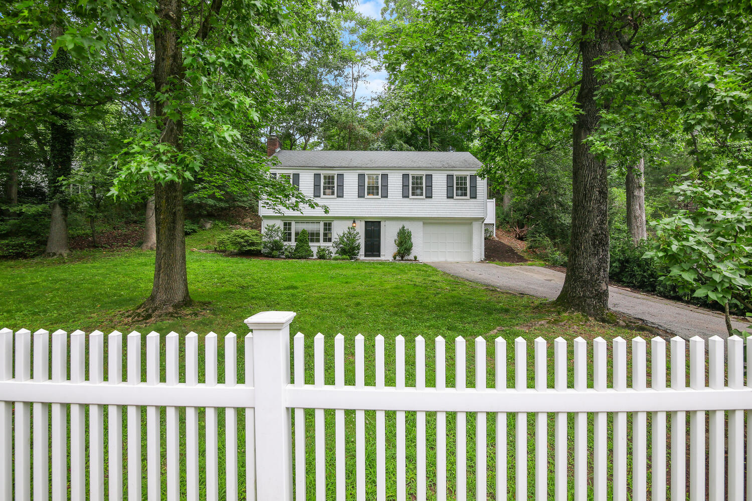 a view of a wooden bench and trees