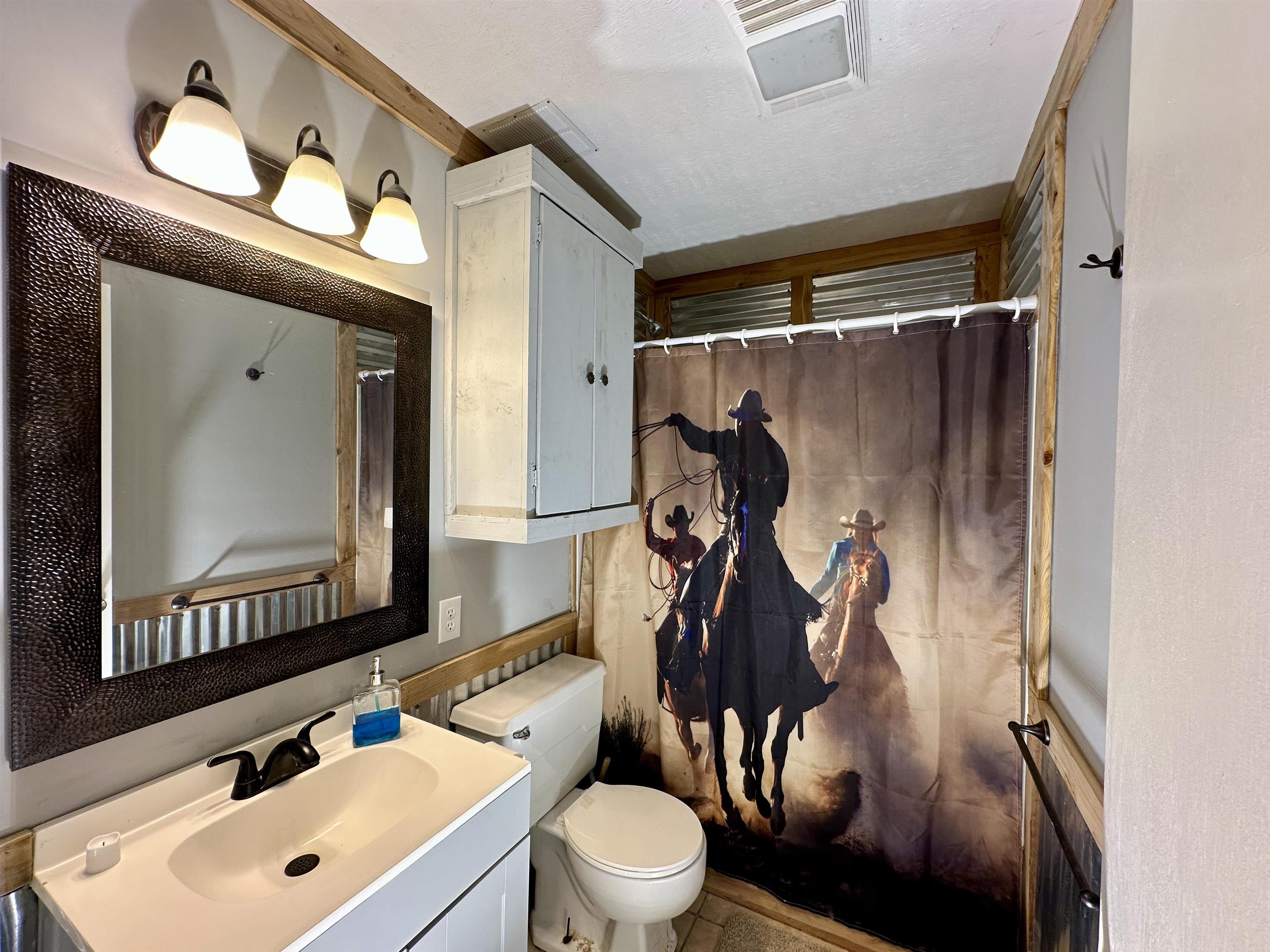 2505 Pittman Road Somerville, TN 38068 - Photo 11 of 23 Bathroom featuring a white vanity with an integrated sink and matte black faucet, a textured mirror with a three-light fixture, corrugated metal wainscoting, and wood trim accents
