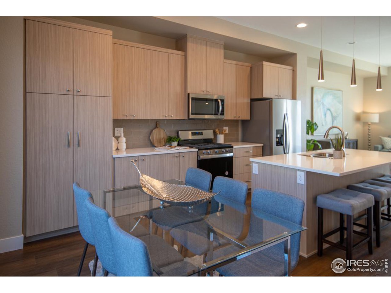 1530 South Terry Street Longmont, CO 80501 - Photo 6 of 21 a kitchen with stainless steel appliances a dining table chairs and a refrigerator