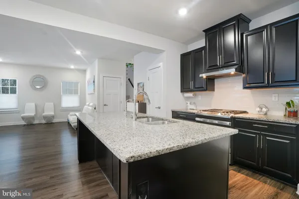a kitchen with stainless steel appliances granite countertop a sink dishwasher a stove and a refrigerator with wooden floor