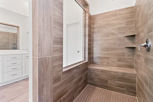 a bathroom with a bathtub