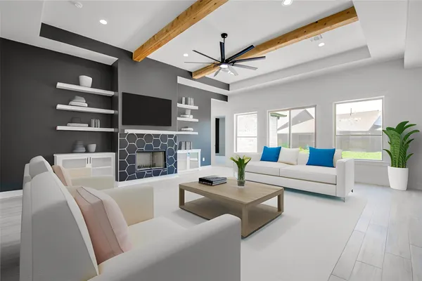 a living room with furniture a fireplace and a flat screen tv