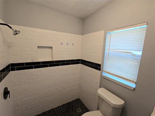 a bathroom with a shower and toilet