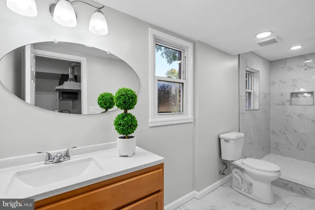 a bathroom with a sink mirror and toilet