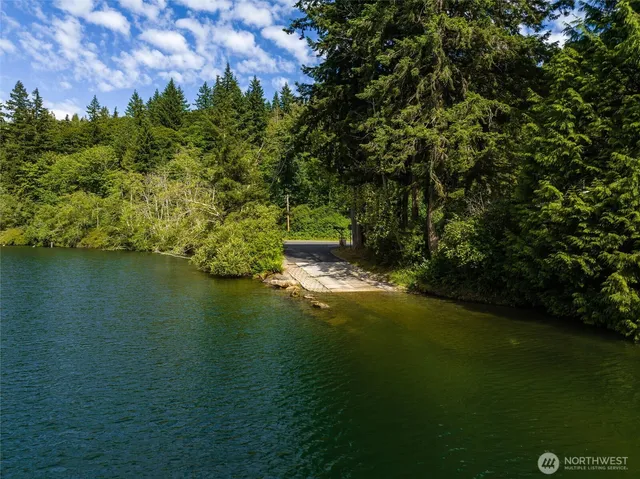 a view of a swimming pool with a lawn chairs under an umbrella