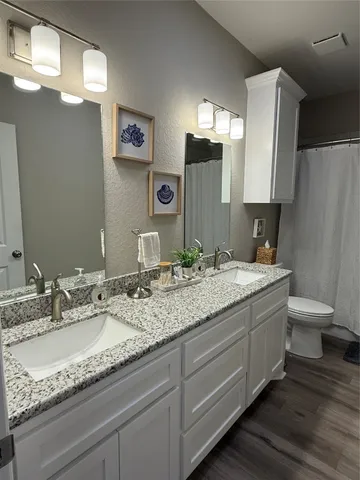a bathroom with a granite countertop sink a toilet and a mirror