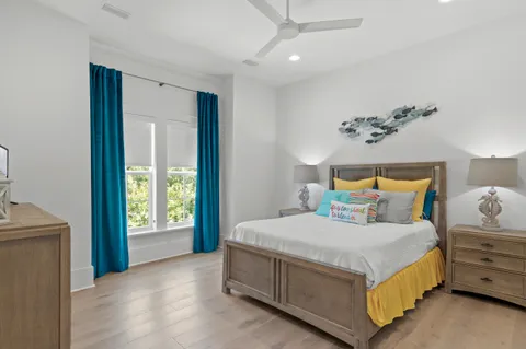 an aerial view of a house with a big yard