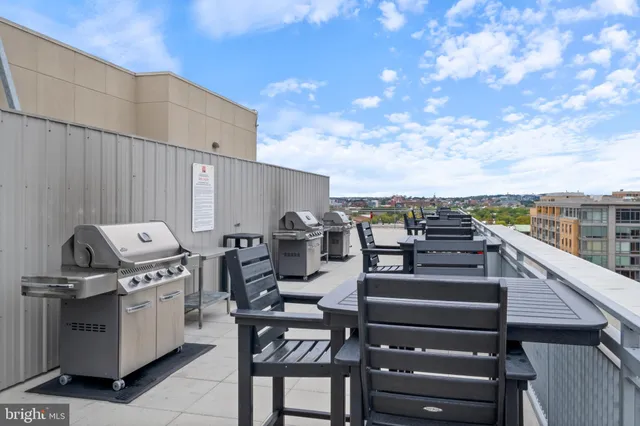 a roof deck with table and chairs and potted plants