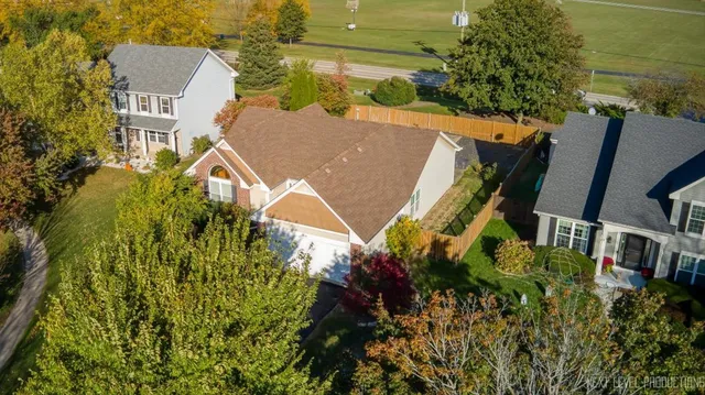 an aerial view of a house with a yard and potted plants