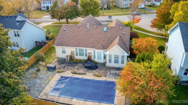 an aerial view of a pool