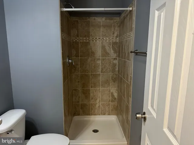 a bathroom with a shower and toilet