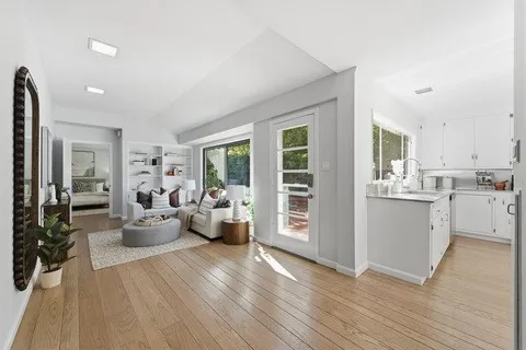 a living room with furniture and a potted plant