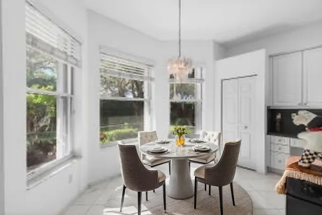 a view of a dining room with furniture window and outside view
