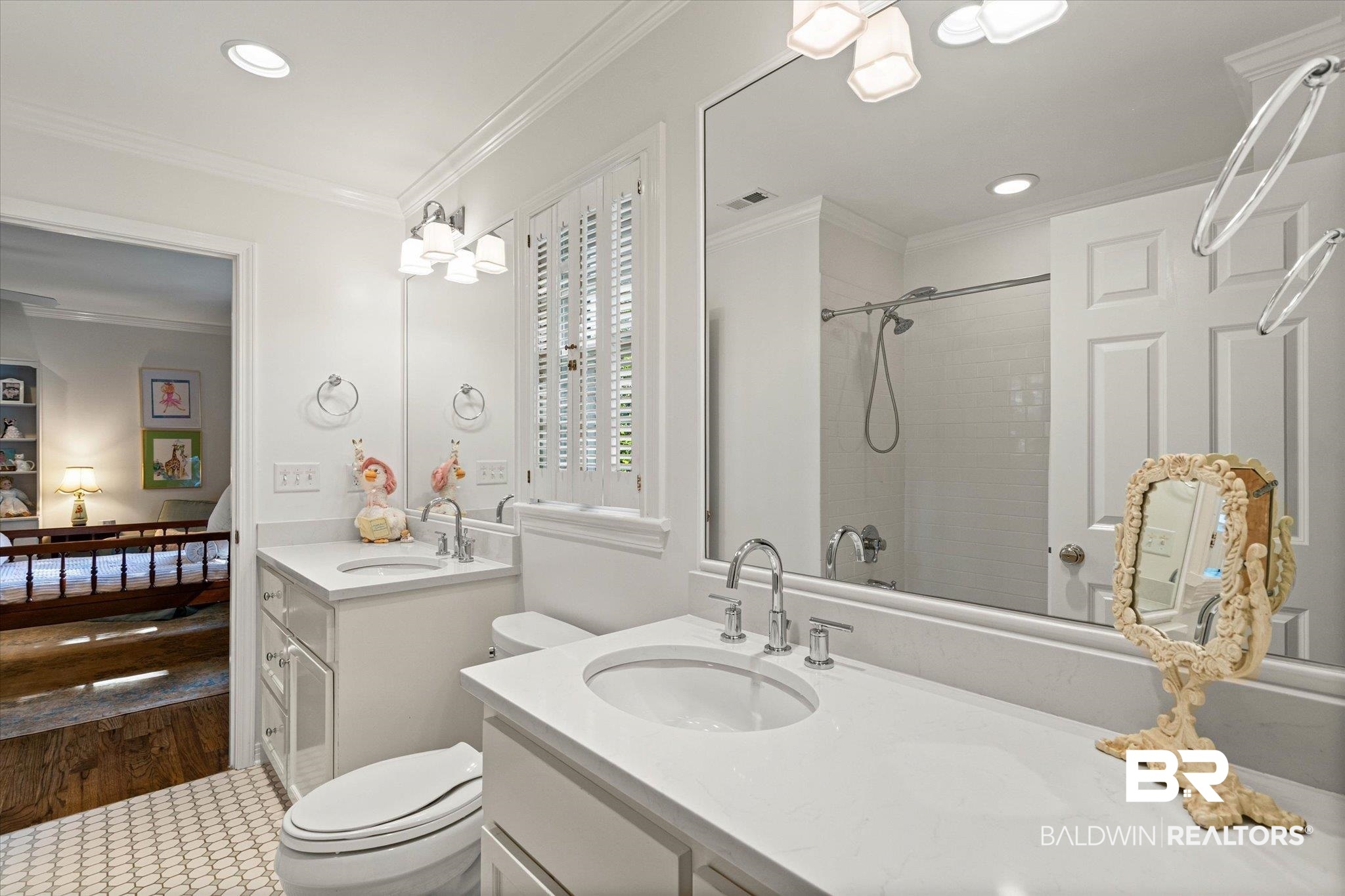 3612 Linden Lane Mobile, AL 36608 - Photo 28 of 42 Full bathroom with crown molding, ensuite bathroom, vanity, recessed lighting, and a shower