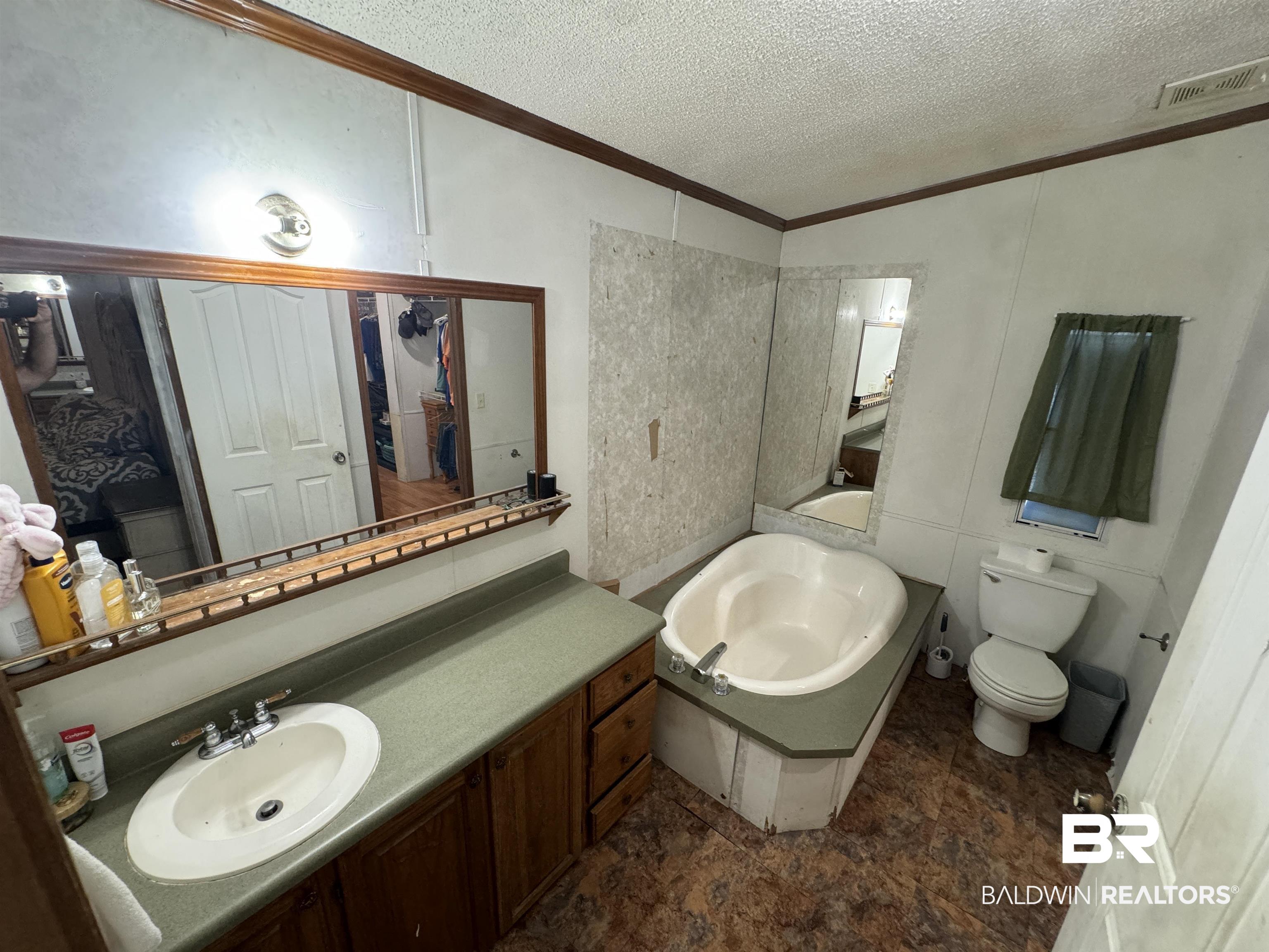 51235 Phillipsville Road Bay Minette, AL 36507 - Photo 28 of 63 Full bath with crown molding, a textured ceiling, vanity, and a bath