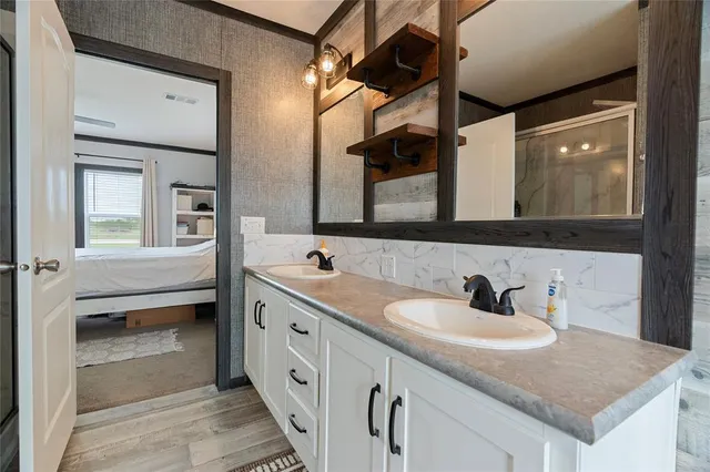 a bathroom with a sink and a mirror