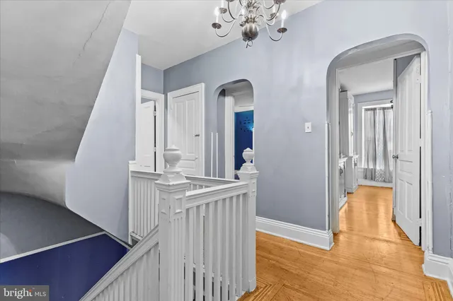a view of a hallway view with wooden floor and staircase