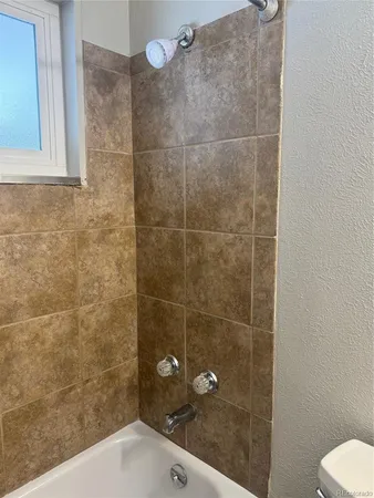 a bathroom with a shower and toilet