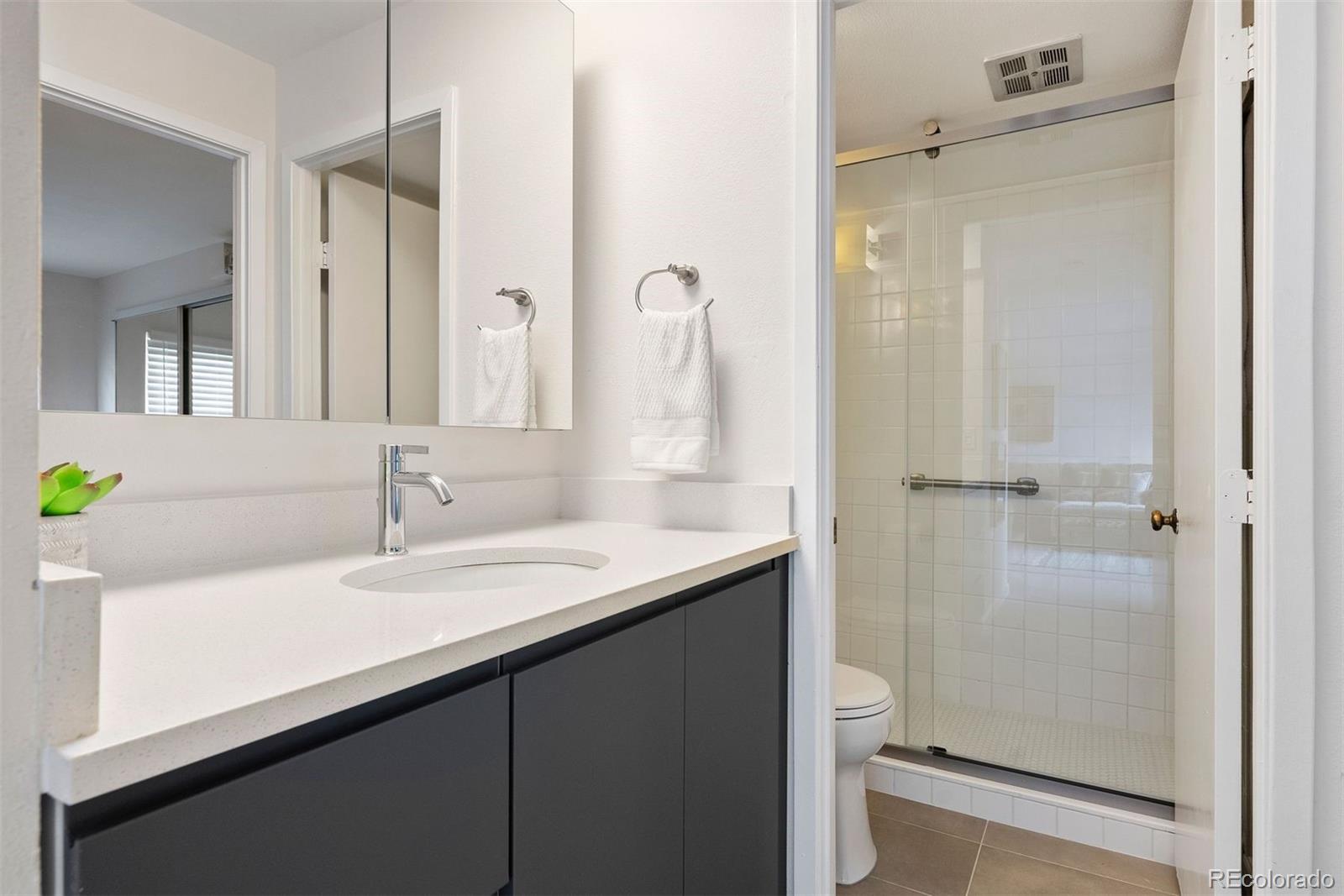 2 Adams Street, Unit 806 Denver, CO 80206 - Photo 3 of 34 a bathroom with a granite countertop sink mirror and shower