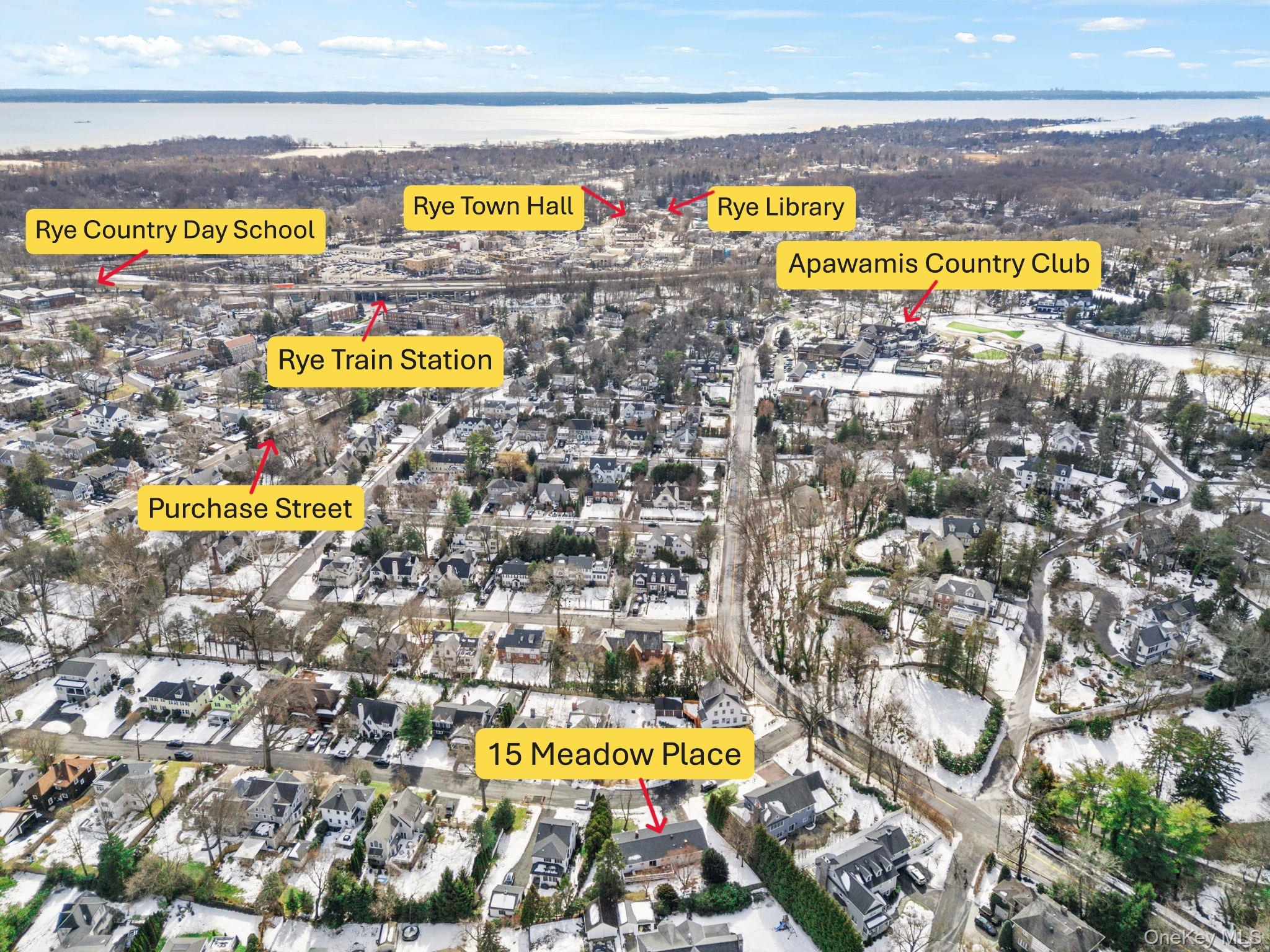 15 Meadow Place Rye, NY 10580 - Photo 35 of 39 Aerial View from front of home shows half-mile distance to Rye train station, Purchase Street and other Rye points of interest.