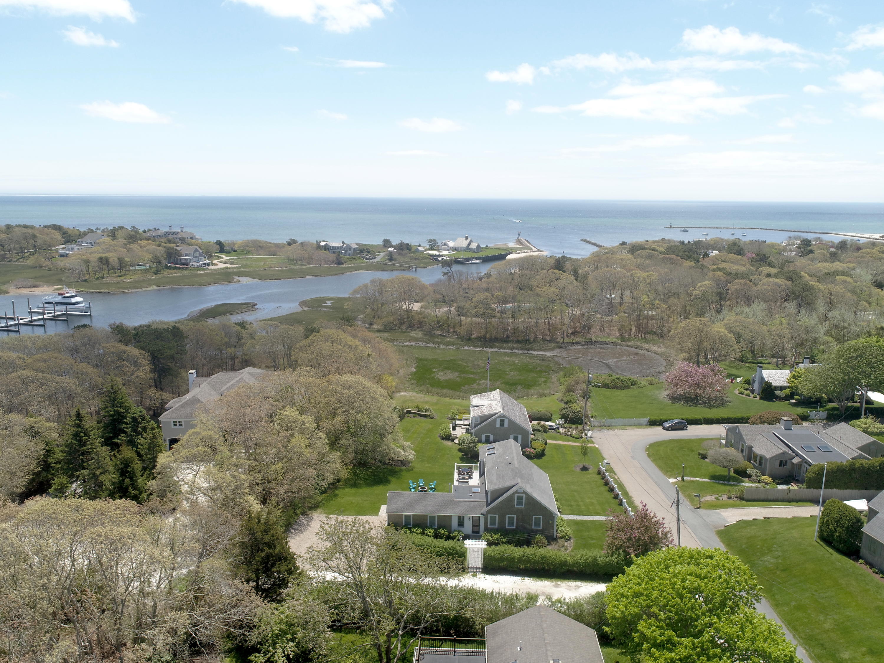 an aerial view of a house with a garden
