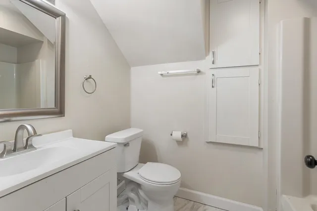 a bathroom with a sink a toilet and a mirror