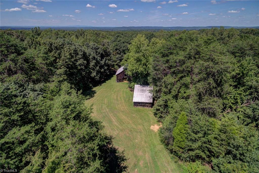 1030 Ellisboro Road Madison, NC 27025 - Photo 6 of 30 Aerial photo of field, flanked by mature hardwood trees. Notice the animal barn and tobacco barn! If you look close in the photo, you can see the Sauratown Mountains in Stokes County & Virginia