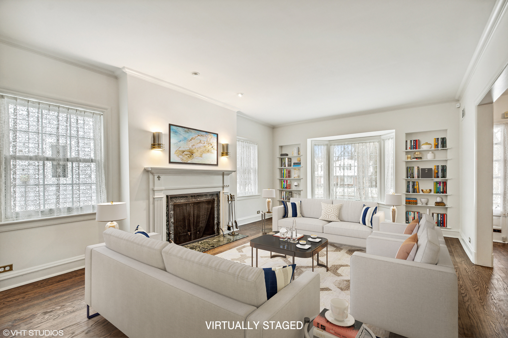 574 Braeside Road Highland Park, IL 60035 - Photo 3 of 29 a living room with furniture a fireplace and a large window