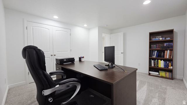 1437 925 South Vernal, UT 84078 - Photo 27 of 47 Dedicated office space featuring light gray carpeting, recessed ceiling lighting, and white baseboards
