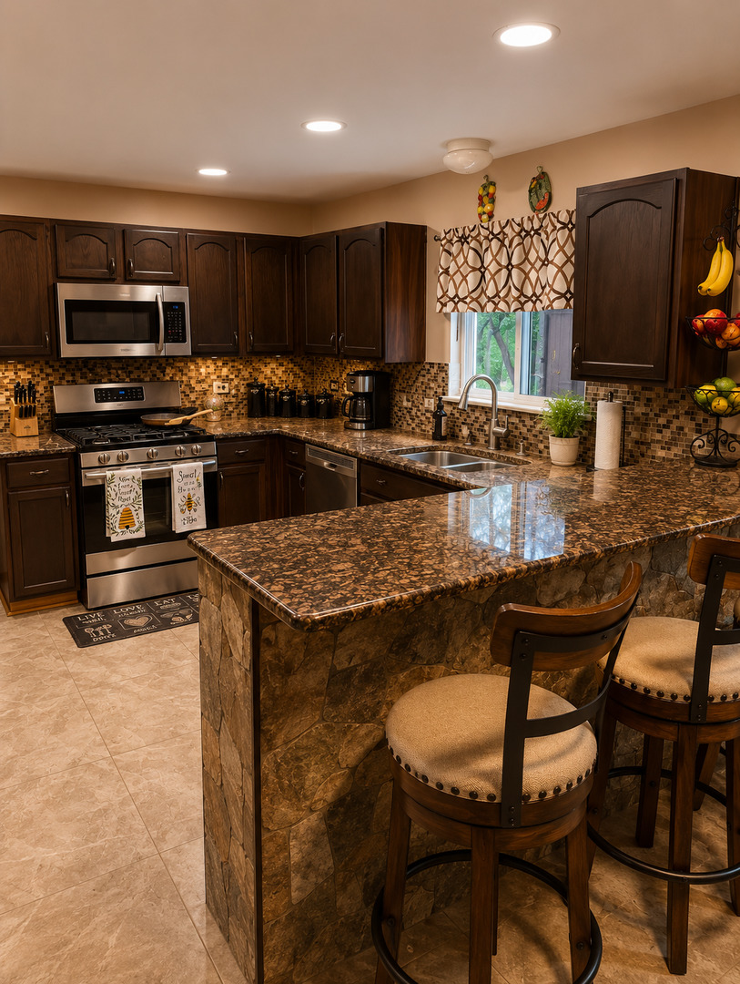 720 Ridge Drive Marengo, IL 60152 - Photo 8 of 34 a kitchen with a stove a sink a microwave and wooden cabinets
