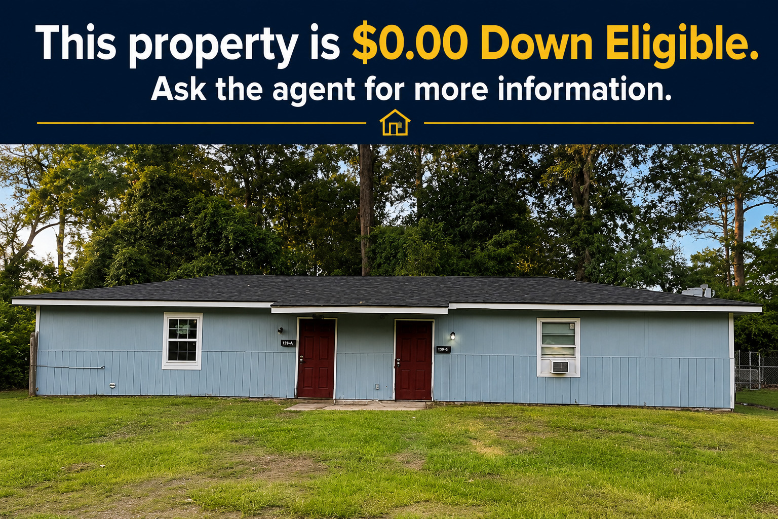 A classic ranch-style home, featuring a durable shingle roof and inviting red entry doors.
